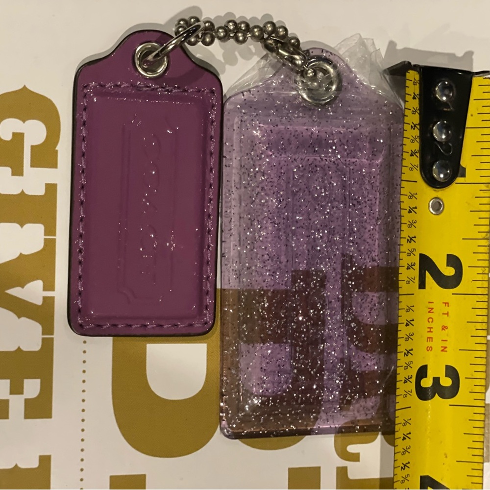 COACH EUC Poppy Purple Patent Leather AND Purple Clear Sparkle Hangtag Set Of 2 - Picture 7 of 9